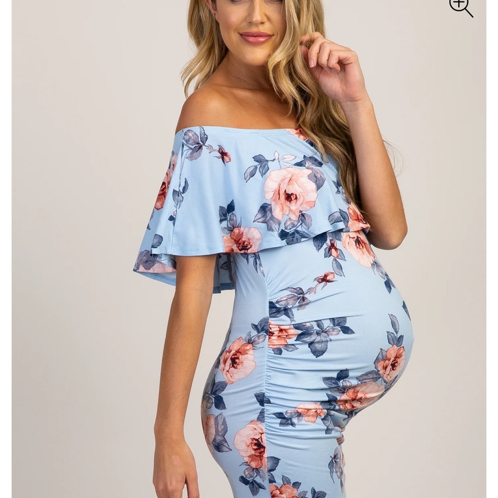 Light Blue Rose Print Ruffle Fitted Maternity Dress - Picture 2 of 4